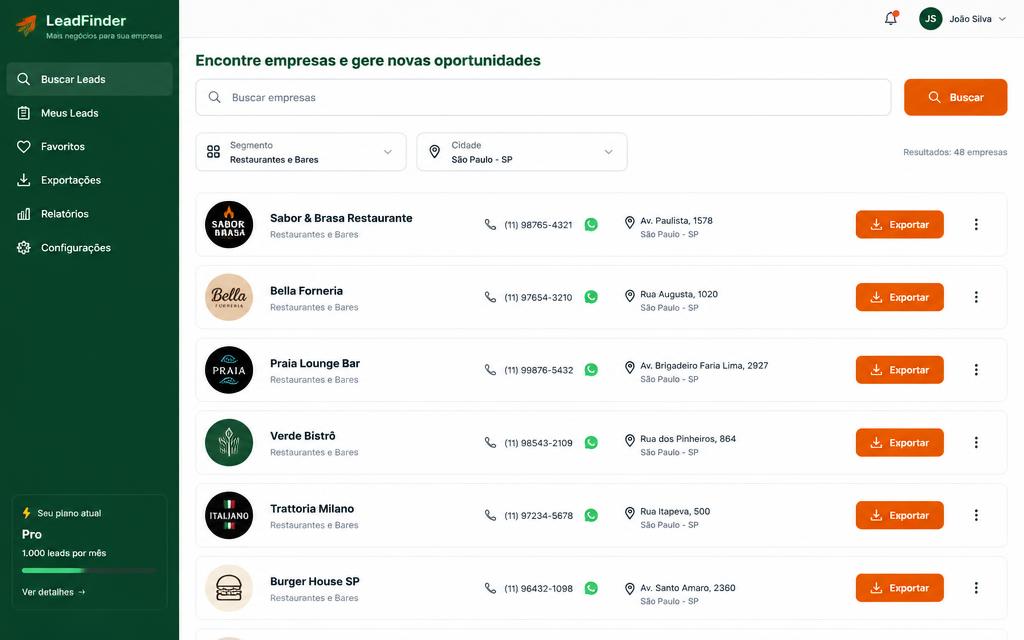 Interface da ferramenta Caçador de Empresas