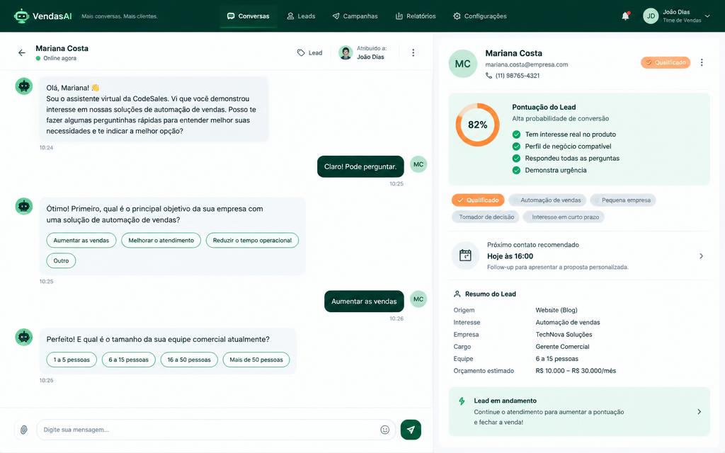 Interface da ferramenta IA de Vendas (SDR Virtual)